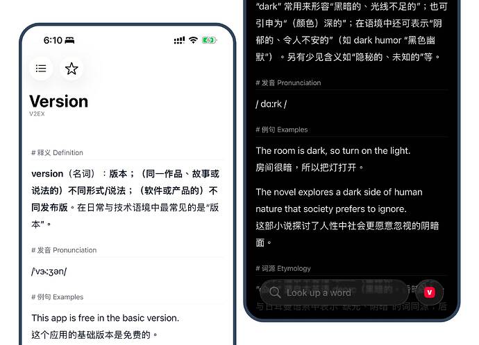 深色和浅色查词显示